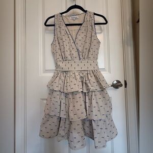 Like New, Blue and Cream Linen-Blend Sleeveless Ruffle Dress Size Small